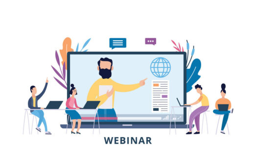Online webinar or seminar with cartoon people flat vector illustration isolated.